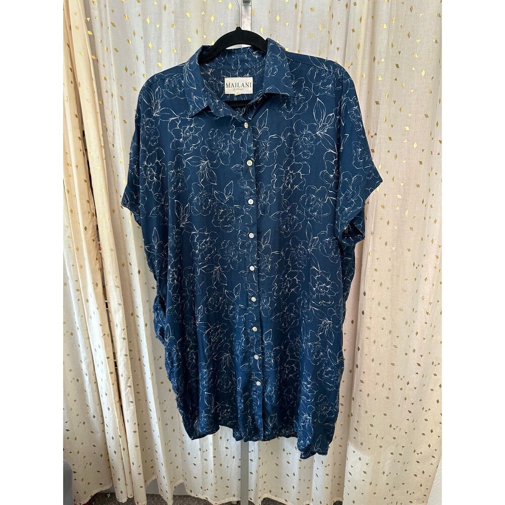Mailani Hawaii Hawaiian Midnight Gardenia Side Pockets Button Down Dress M